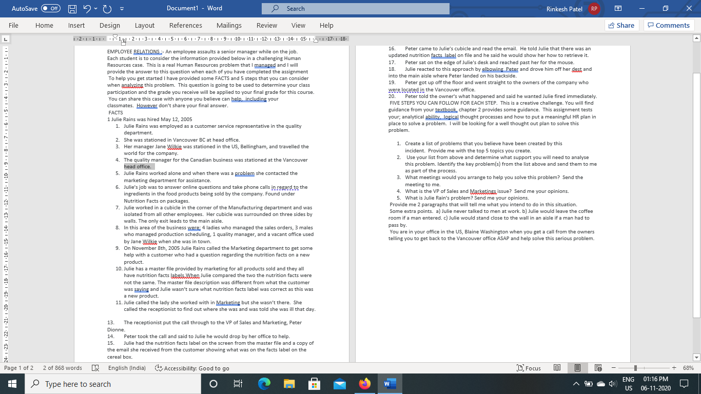 AutoSave Off HU Document1 - Word Search Rinkesh