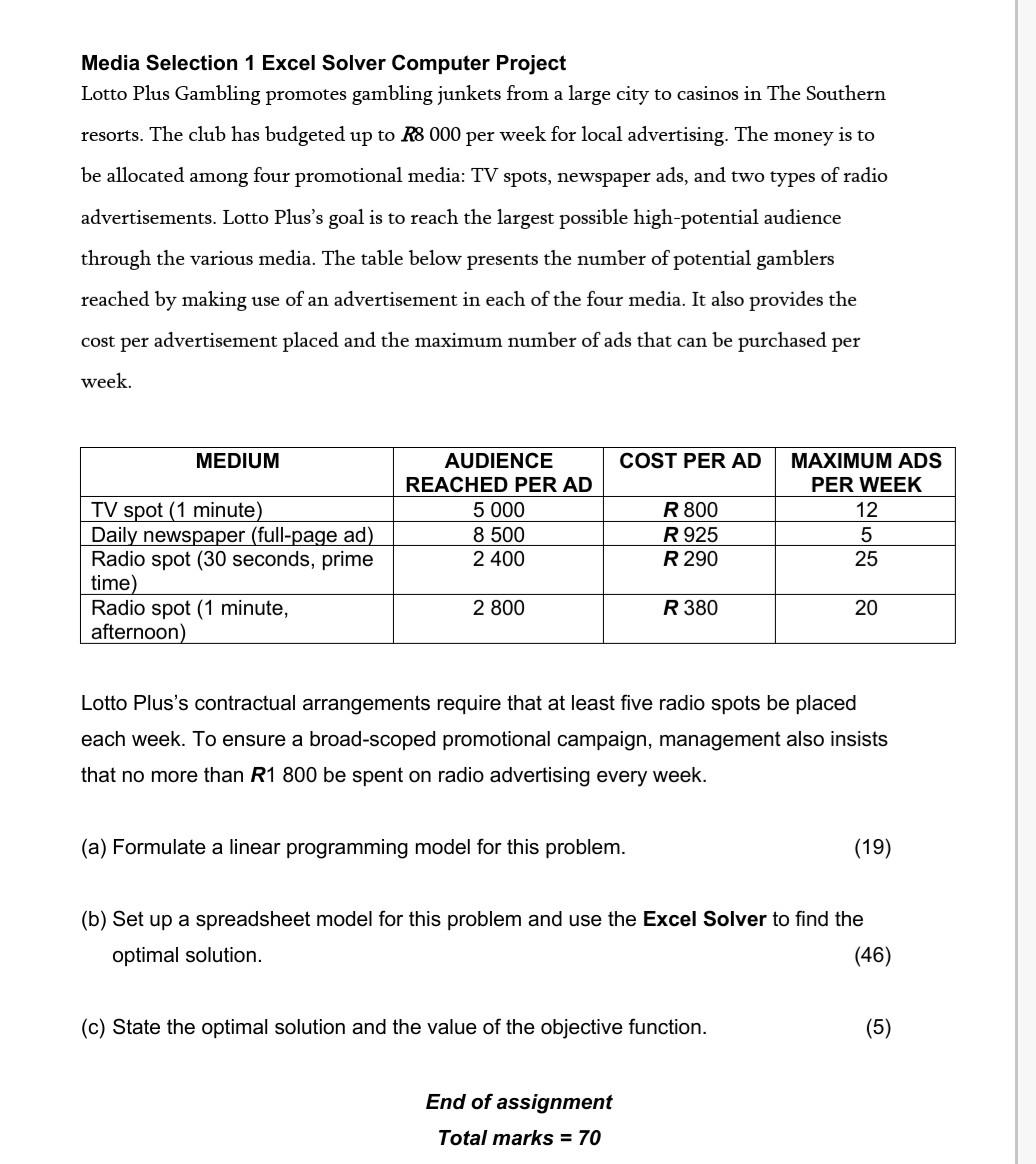 Media Selection 1 Excel Solver Computer Project