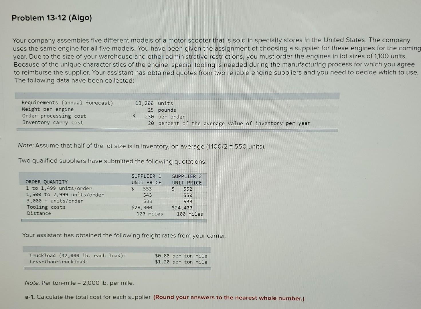 Problem 13-12 (Algo) Your company assembles five