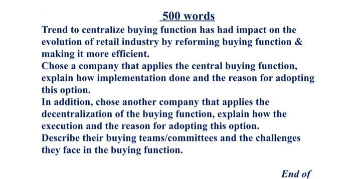 500 words Trend to centralize buying function has