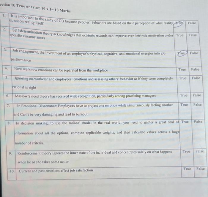 ection B: True or false: 10 x 1-10 Marks 1. s,