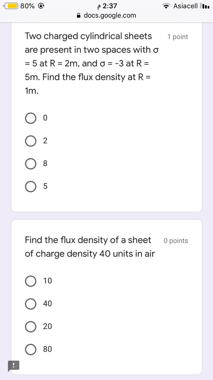 80% 2:37 Asiacell ll. docs.google.com 1 point Two