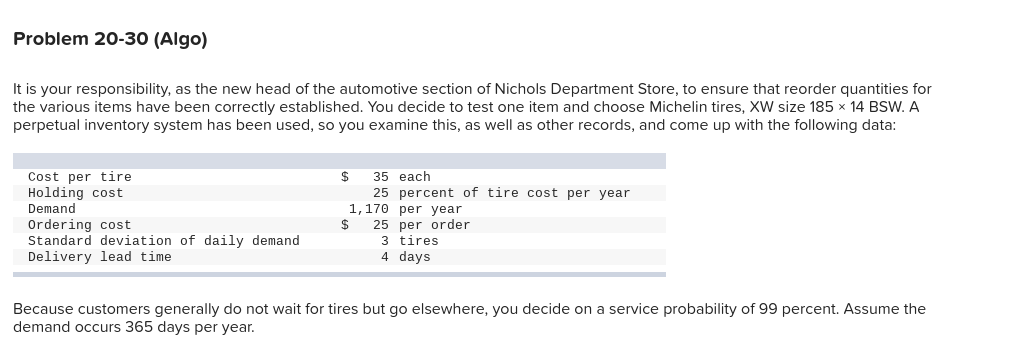 Problem 20-30 (Algo) It is your responsibility,