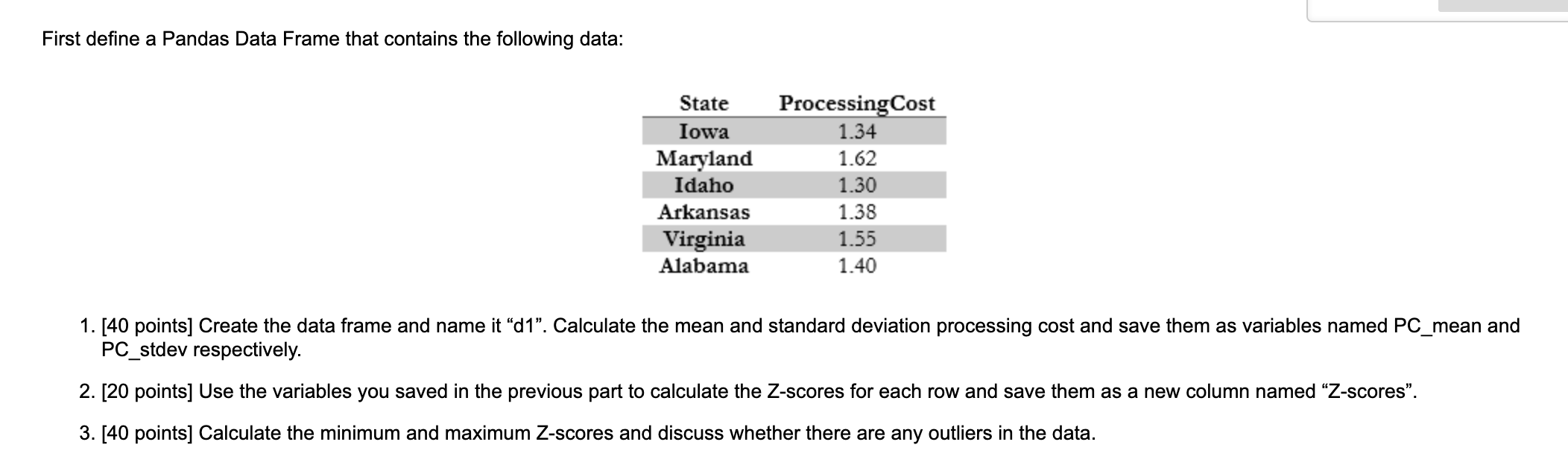 First define a Pandas Data Frame that contains
