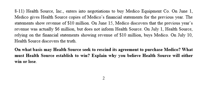8-11) Health Source, Inc., enters into