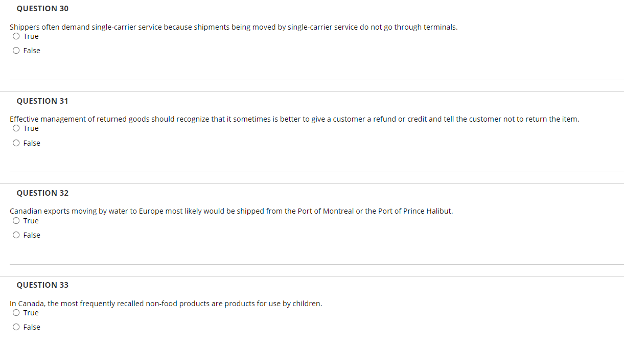 QUESTION 30 Shippers often demand single-carrier