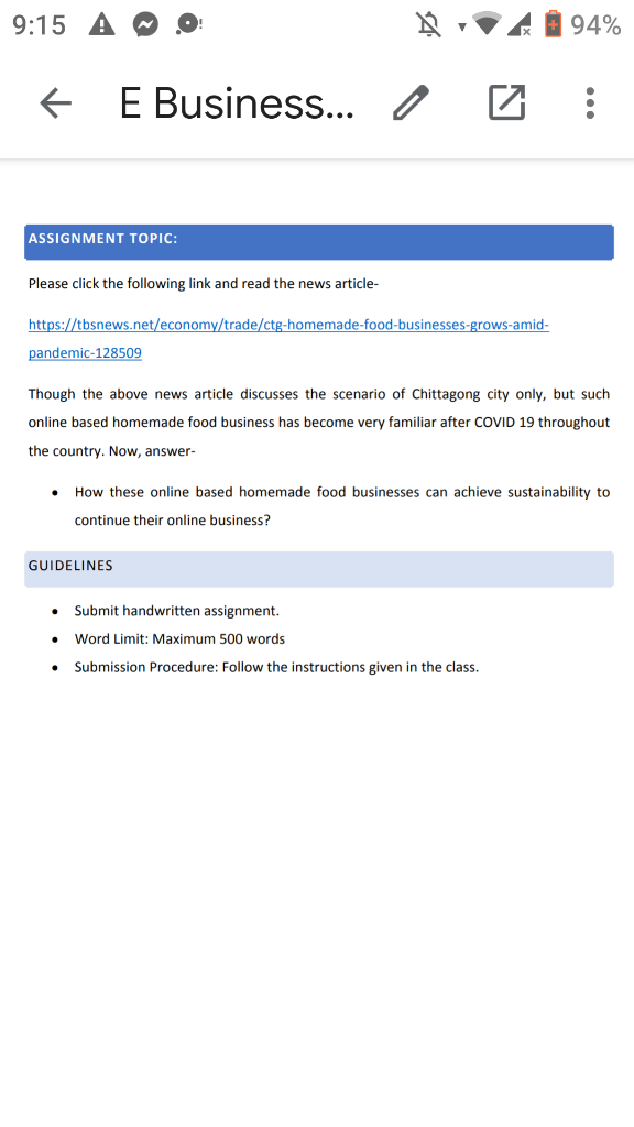 9:15 A 94% f E Business... o : ASSIGNMENT TOPIC: