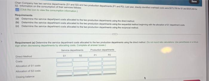 Save Chan Company has two service departments (S1