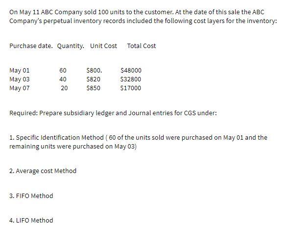 On May 11 ABC Company sold 100 units to the