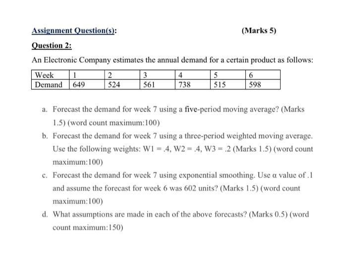 Assignment Question(s): (Marks 5) Question 2: An