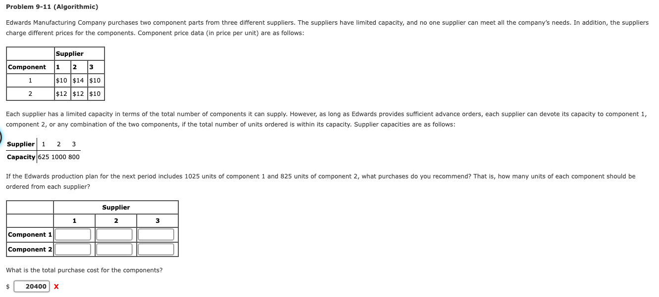 Problem 9-11 (Algorithmic) Edwards Manufacturing
