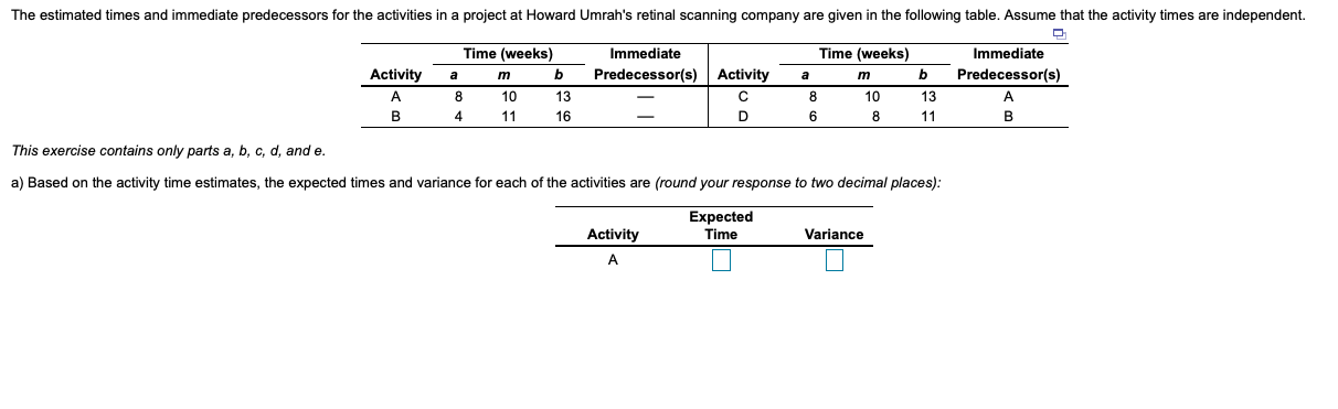 The estimated times and immediate predecessors