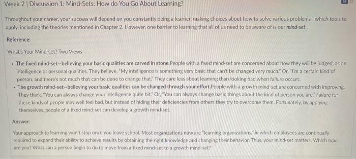 Week 2 Discussion 1: Mind-Sets: How do You Go