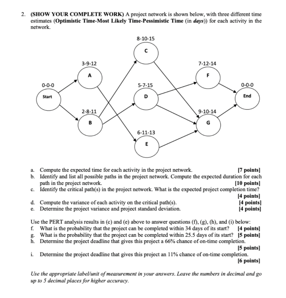 P 2. (SHOW YOUR COMPLETE WORK) A project network
