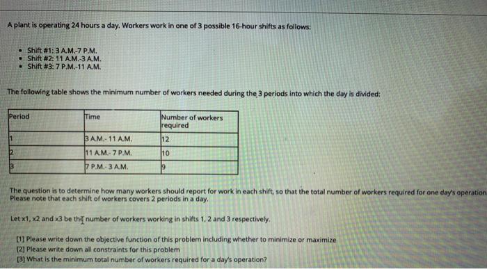 A plant is operating 24 hours a day. Workers work