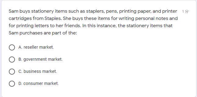 Sam buys stationery items such as staplers, pens,