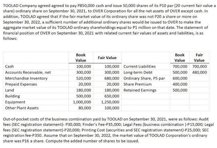 TOOLAD Company agreed agreed to pay P850,000 cash