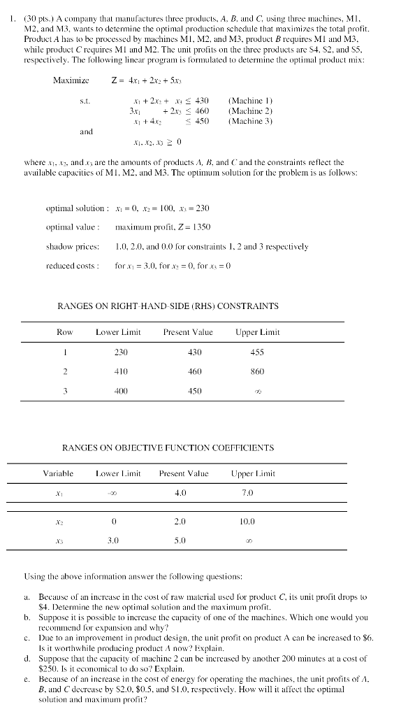 1. (30 pls.) A company that manufactures three