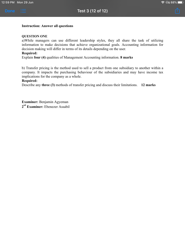 12:59 PM Mon 29 Jun i 88% - Done Test 3 (12 of