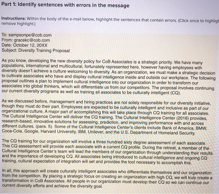 Part 1: Identify sentences with errors in the