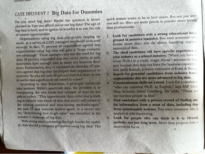 CASE INCIDENT 2 Big Data for Dummies Do you need