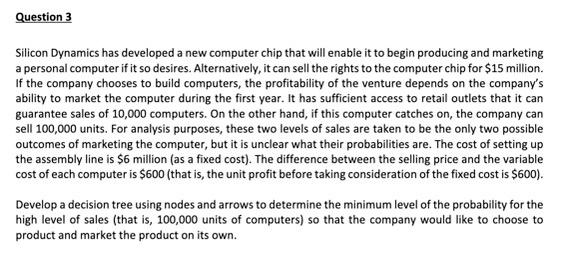 Question 3 Silicon Dynamics has developed a new