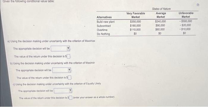 Given the following conditional value table: a)