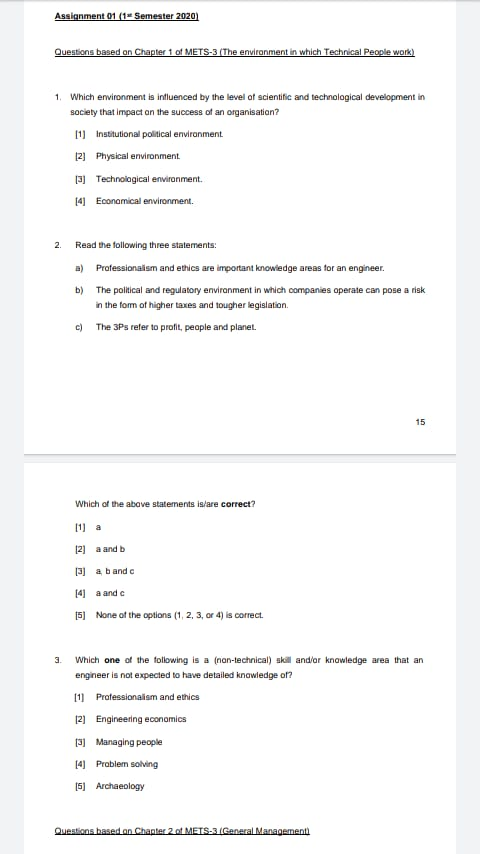 Assignment 01 (1 Semester 2020) Questions based
