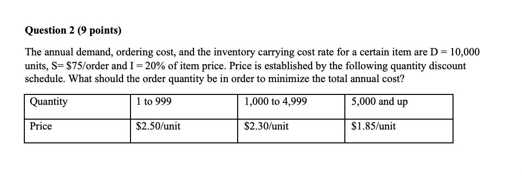 Question 2 (9 points) The annual demand, ordering