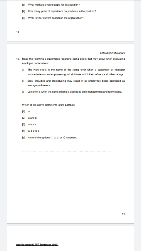Assignment 01 (1 Semester 2020) Questions based