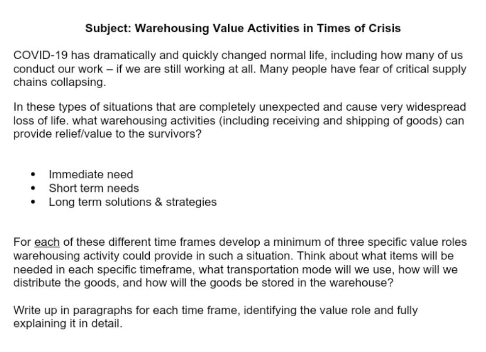 Subject: Warehousing Value Activities in Times of