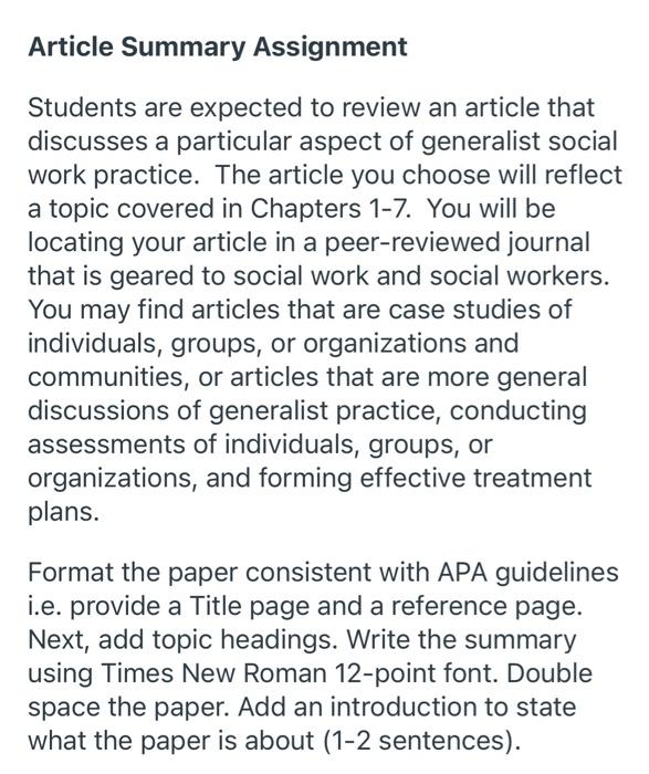Article Summary Assignment Students are expected