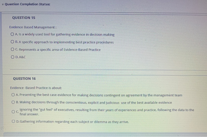 Question Completion Status: QUESTION 15 Evidence