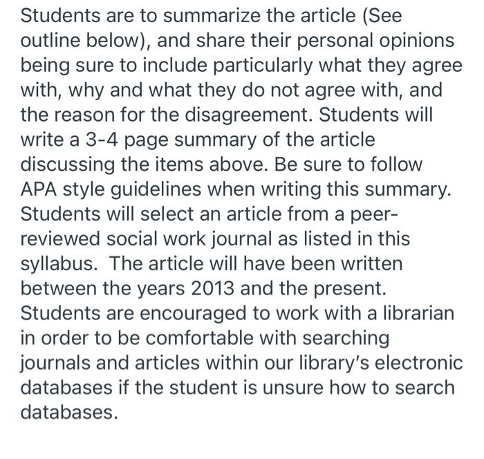Article Summary Assignment Students are expected