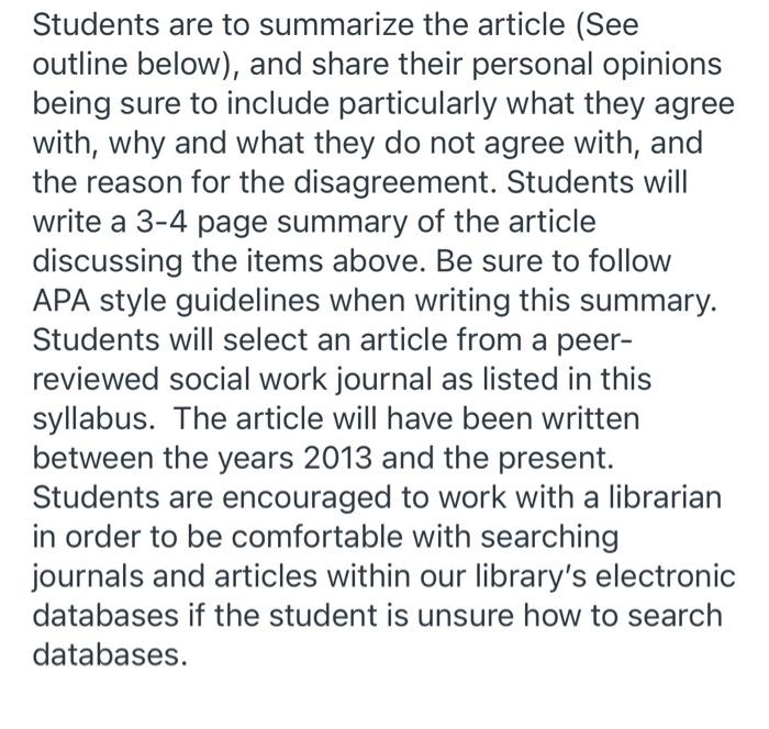 Article Summary Assignment Students are expected