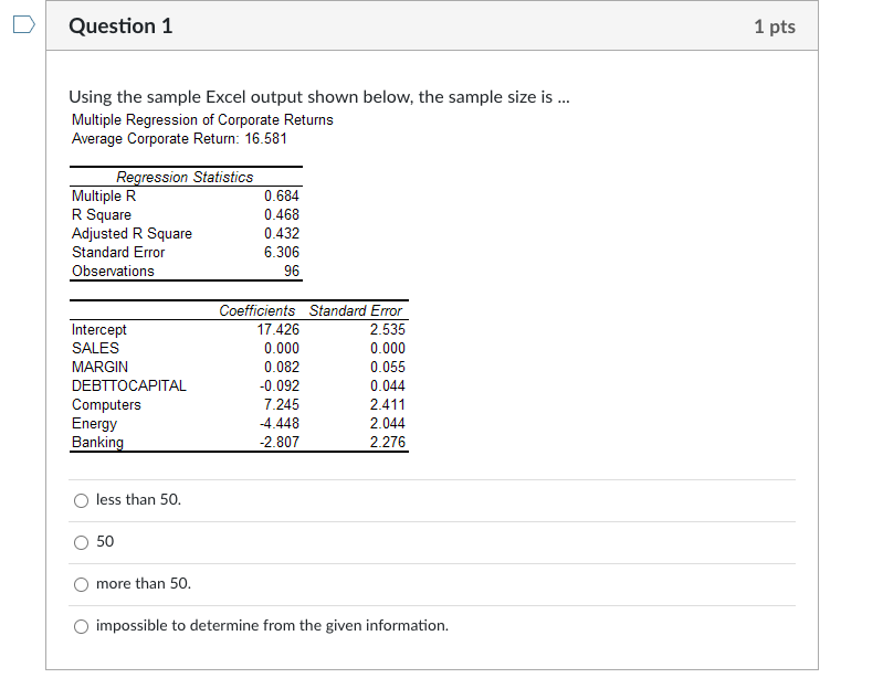 Question 1 1 pts Using the sample Excel output