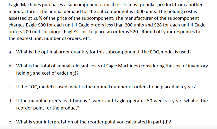 Please solve using Excel and show all work Eagle