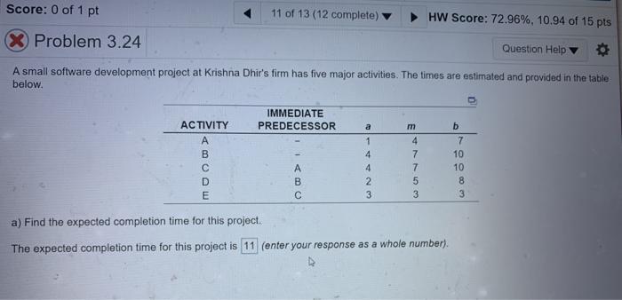 Score: 0 of 1 pt 11 of 13 (12 complete) HW Score: