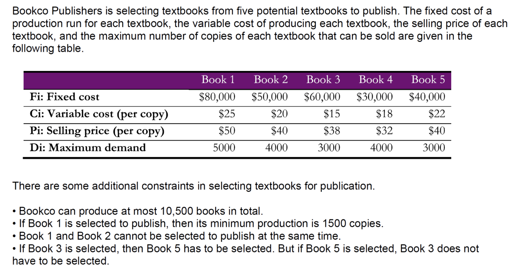 Bookco Publishers is selecting textbooks from