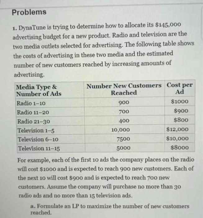 Problems 1. DynaTune is trying to determine how
