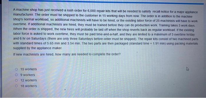 A machine shop has just received a rush order for