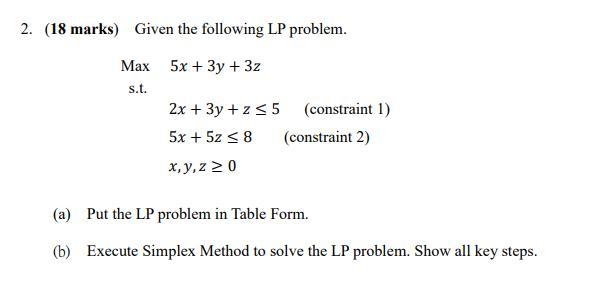 2. (18 marks) Given the following LP problem. Max