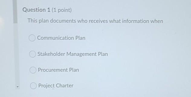 Question 1 (1 point) This plan documents who