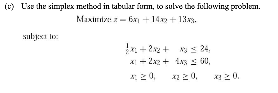 (c) Use the simplex method in tabular form, to