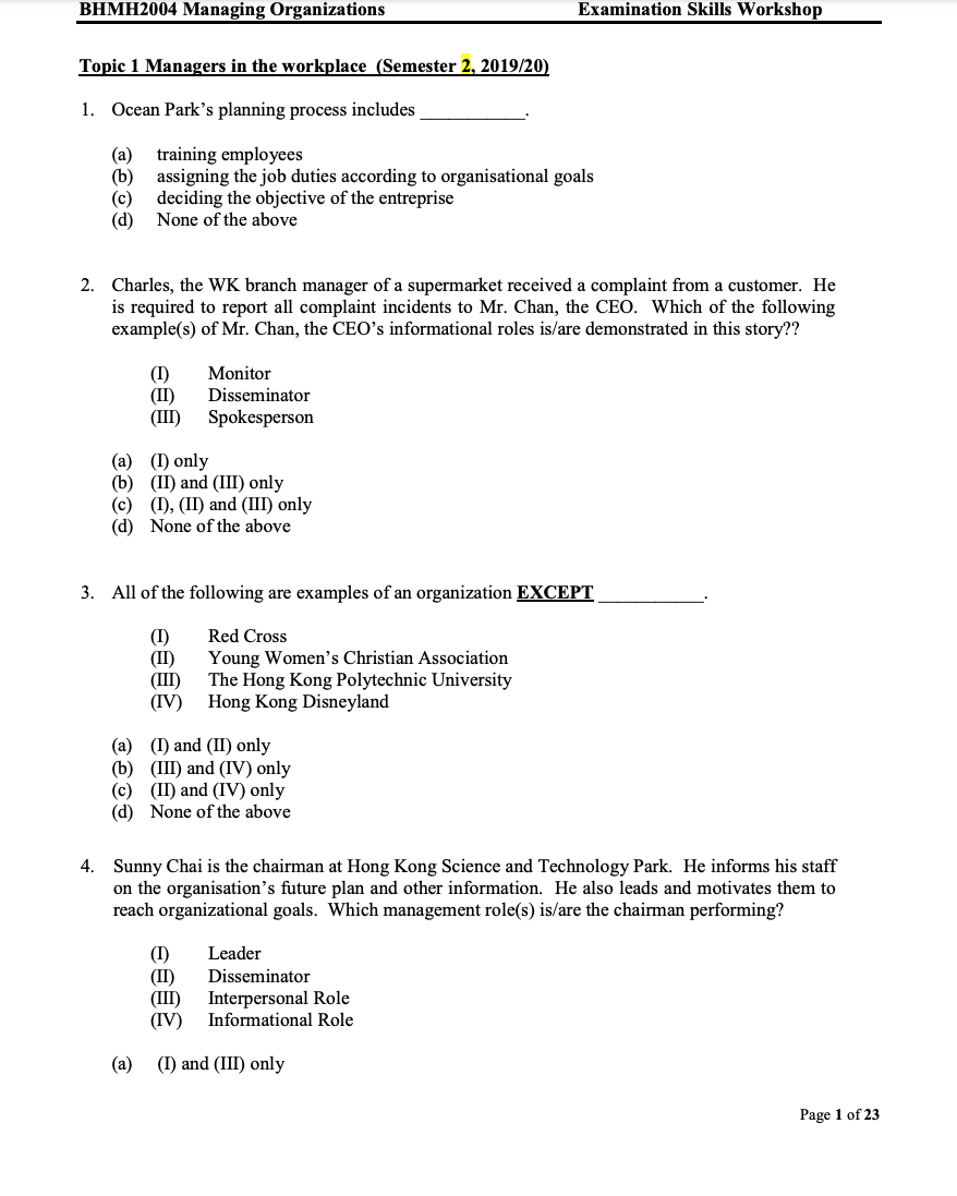 BHMH2004 Managing Organizations Examination