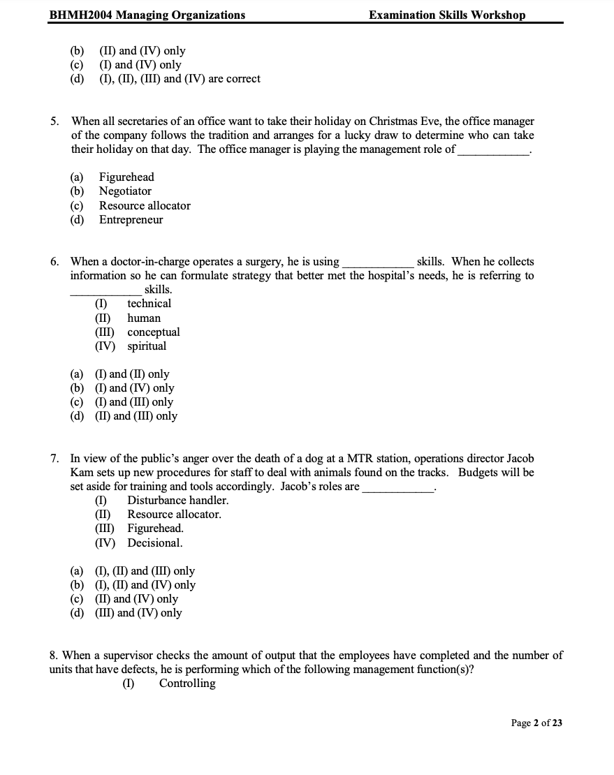 BHMH2004 Managing Organizations Examination