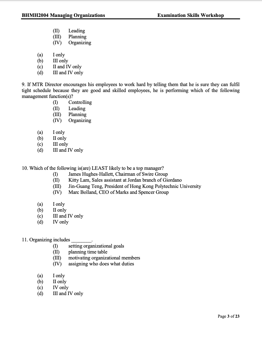 BHMH2004 Managing Organizations Examination