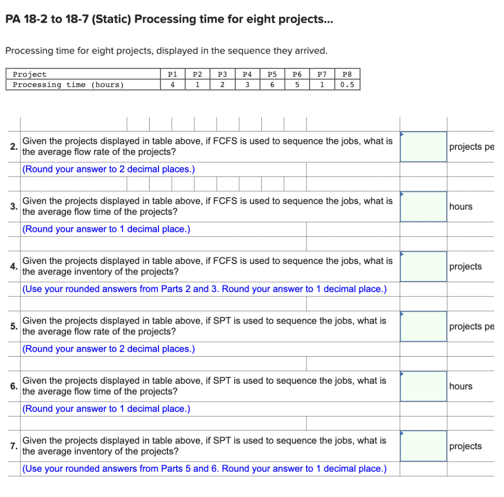 PA 18-2 to 18-7 (Static) Processing time for
