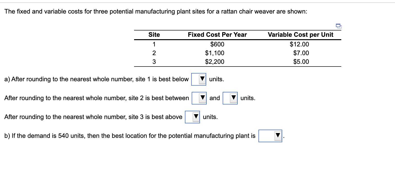 all options for a: -550 units -100 units -0 units