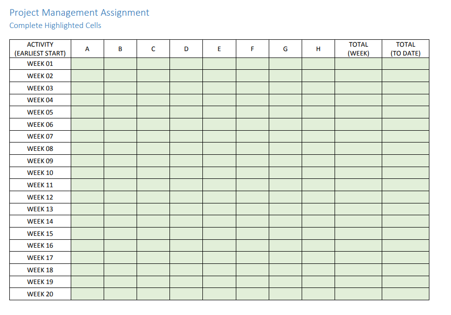 Fill in all green cells. Project Management